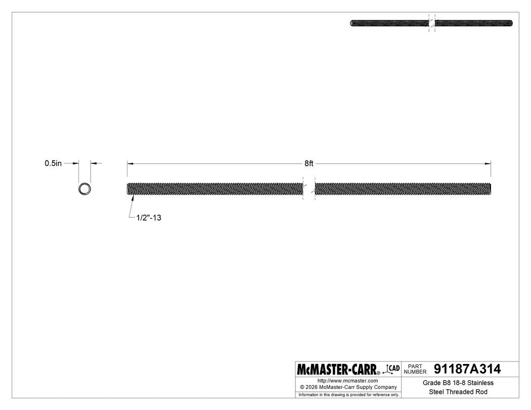 Technical Drawing of Grade B8 18-8 Stainless Steel Threaded Rod, 1/2"-13 Thread Size, 8 Feet Long.